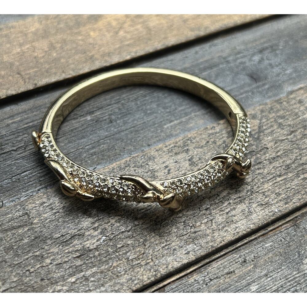 Coach Womens Gold Tone Crystal Pave Script Vine Hinge Bangle Bracelet - Picture 2 of 16